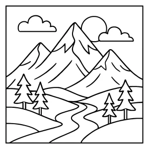 Mountain landscape coloring page with mountains, trees, and sky – free printable for kids and adults