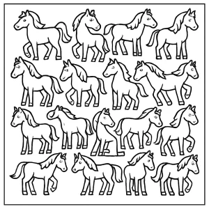 Eighteen horses coloring page for kids - free printable activity sheet to color and count horses.