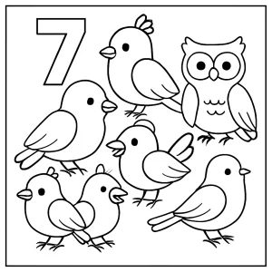 Number 7 Birds coloring page with seven birds on branches, free printable for kids
