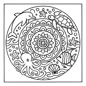 Ocean mandala coloring page with sea creatures and waves for free printable fun