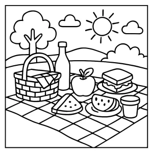 Picnic scene coloring page with blanket, basket, food, and outdoor setting – free printable for kids