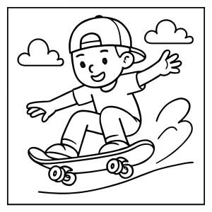 Skateboarding adventure coloring page featuring a skateboarder performing tricks, perfect for kids to print and color.