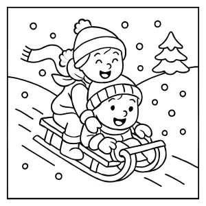 Sledding kids coloring page with children riding a sled down a snowy hill, winter scene for free coloring.