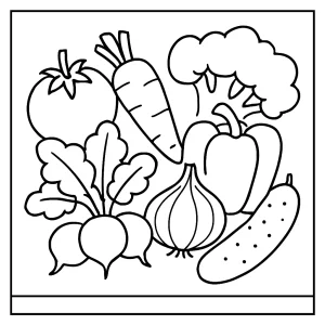 Vegetables coloring page featuring outlines of carrots, broccoli, and tomatoes for children to color