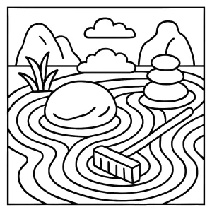 Zen garden coloring page featuring raked sand, stones, and a pagoda for kids and adults to print and color