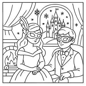 Cozy Ice Castle Masquerade coloring page for kids with masked party guests, ice chandeliers, and a sparkling winter castle scene.