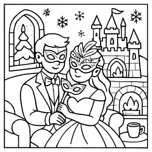 Ice castle masquerade coloring page featuring masked guests, frosty decor, and a sparkling winter ballroom.