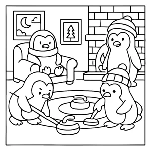 Penguin curling match coloring page – free printable scene for kids