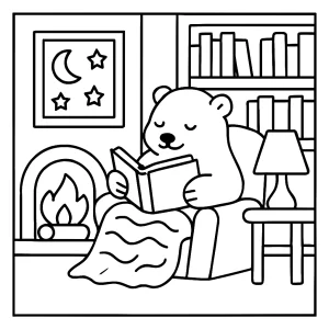 Cozy polar library reading night coloring page with polar animals reading books in a warm library setting