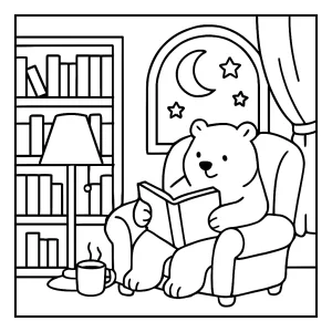 Cozy polar library reading night coloring page with animals reading books in a warm library, perfect for kids to print and color.