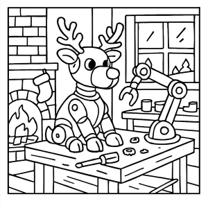 Robotic Reindeer Workshop coloring page – free printable for kids showing a cozy workshop with robotic reindeer and holiday decorations.
