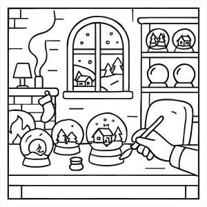 Cozy snow globe factory coloring page with workers, shelves of globes, and a winter scene to color