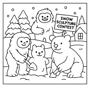 Cozy yeti snow-sculpting contest coloring page – printable winter scene for kids to color.