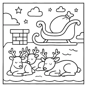 Santa’s sleigh landing on a rooftop with resting reindeer coloring page – free printable for kids