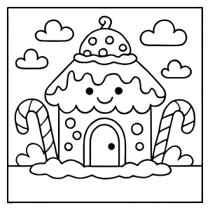 Cheerful gingerbread house coloring page with candy canes and icing, free printable for kids