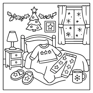 Cozy holiday bedroom with Christmas pajamas coloring page for kids to print and color