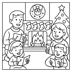 Family carol singing around a glowing fireplace coloring page for free printable activities