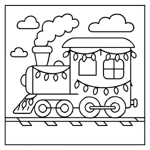 Holiday train with festive lights coloring page – printable activity for kids