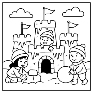 Kids building a snow castle coloring page with flags and icicles, free printable