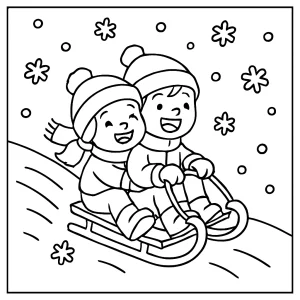 Children sledding down a snowy hill coloring page with falling snowflakes, printable for kids