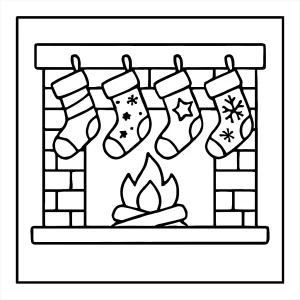 Festive stockings hung on a fireplace coloring page for kids and families to print and color.