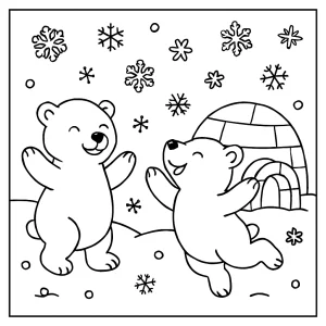Polar bears playing beside an igloo with snowflakes coloring page