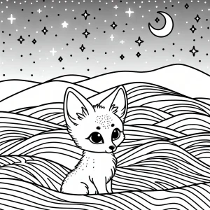 Curious fennec fox peeking from desert dunes under a starry night sky coloring page