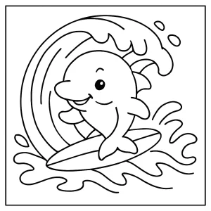 Cute dolphin surfing a wave coloring page for kids, free printable