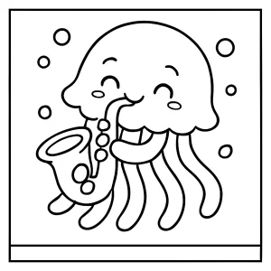 Coloring page showing a cute jellyfish playing a saxophone underwater, printable for kids