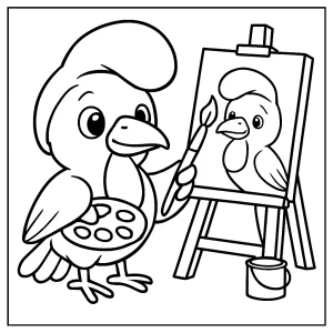 Cute umbrellabird painting a self-portrait, printable coloring page for kids