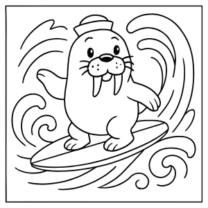 Cute walrus surfing a wave coloring page for kids to print and color