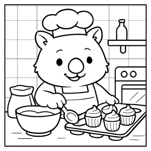 Cute wombat baking cupcakes coloring page for free printable fun