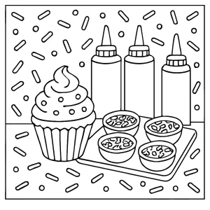 DIY cupcake decorating station coloring page with sprinkle explosion background for kids to color