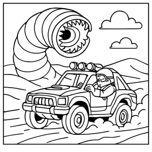 Desert rally driver dodging sandworm coloring page, free printable for kids