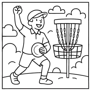 Disc golf athlete victory celebration coloring page featuring a happy player holding a disc and cheering fans in the background.