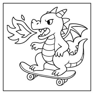 Flame-breathing dragon on skateboard coloring page for kids to print and color
