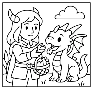 Dragon tamer feeding baby dragonfruit coloring page for free printable