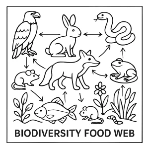 Biodiversity food web coloring page showing plants, animals, and ecosystem connections for kids to color