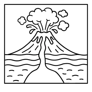 Educational volcano eruption cross-section coloring page for kids to print and color, showing magma, lava, ash, and earth layers.