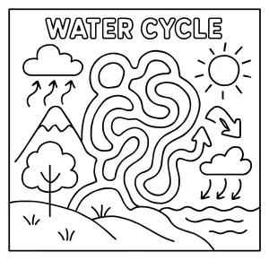 Water cycle maze coloring page, printable educational worksheet for kids