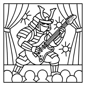 Electric guitar samurai on stage coloring page for free printing and coloring