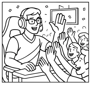 Esports champion high-fiving fans coloring page for kids to print and color