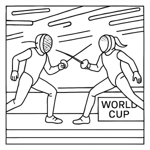 Fencing duel under neon lights coloring page showing mixed-gender athletes at world cup, free printable activity for kids
