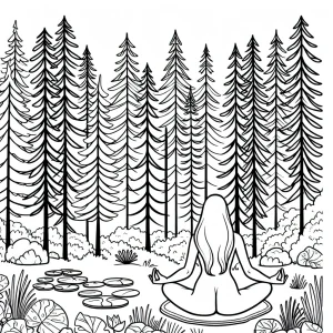Person meditating under tall pine trees in a forest