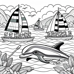Friendly dolphin guiding children racing recycled bottle sailboats