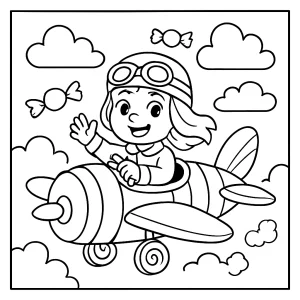 Girl pilot flying candy airplane coloring page for kids to print and color