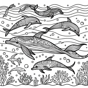 Group of sea creatures swimming in the ocean coloring page
