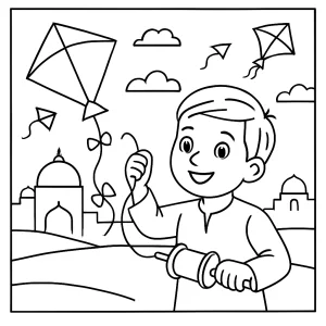 Makar Sankranti kite flying coloring page – printable illustration of children celebrating the Indian festival with kites