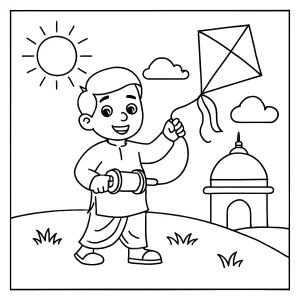 Makar Sankranti kite flying coloring page featuring children and families celebrating with kites in an Indian festival scene.