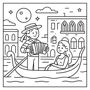 Italy gondola serenade evening coloring page with gondolier singing on a Venetian canal at sunset
